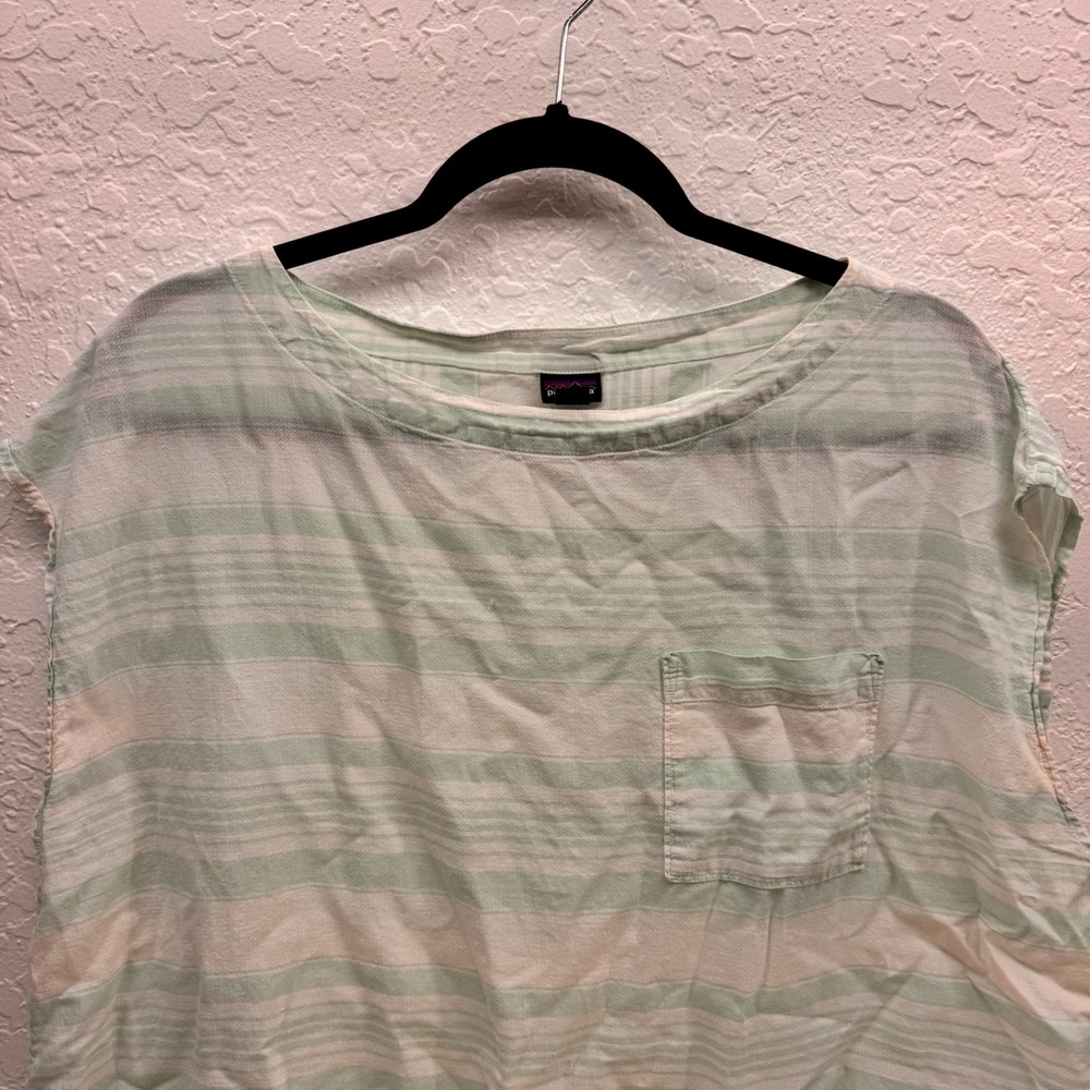 Patagonia Womens XL Mint Green Striped Organic Cotton Hemp Boxy Top Worn‎ Wear